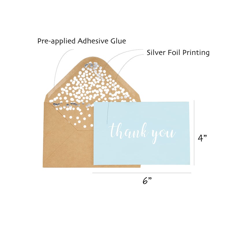 CHRIZ.Z Thank You Cards - Blank 50 Pack Baby Blue Matte Finish Cards with Silver Foiled "Thank You" Printed with 52 Confetti Design Kraft Envelopes 4" x 6" - for Bridal Shower Baby Shower Birthday Party - Image 2